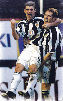 Stewart Kean and Kirk Broadfoot celebrate Kean's goal against Clyde